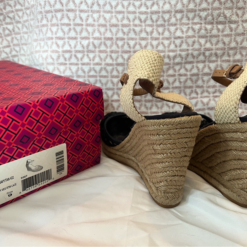 Tory Burch Navy and Tan Wedge Sandals “Lucia” - Picture 3 of 4
